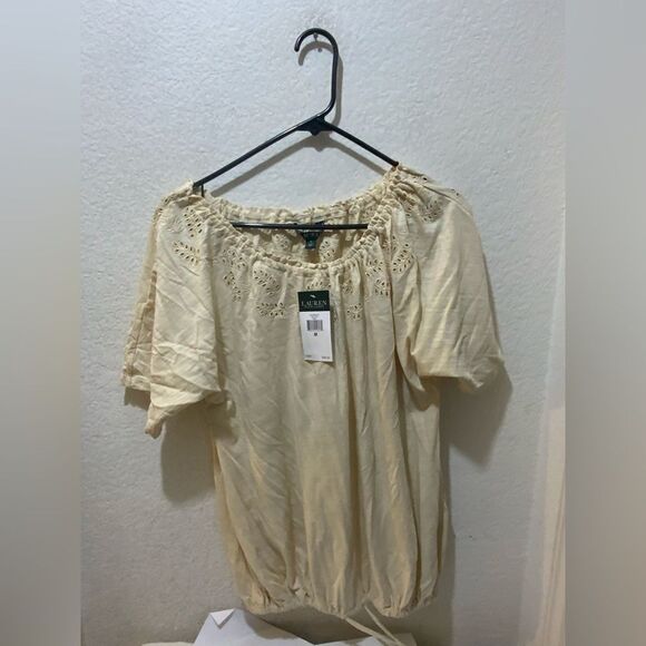 NWT Lauren Ralph Lauren M Top off shoulder eyelet drawstring bottom - Picture 1 of 9